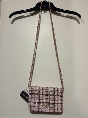 bebe Pink Tweed Chain-Link Crossbody Bag with Gold Hardware
